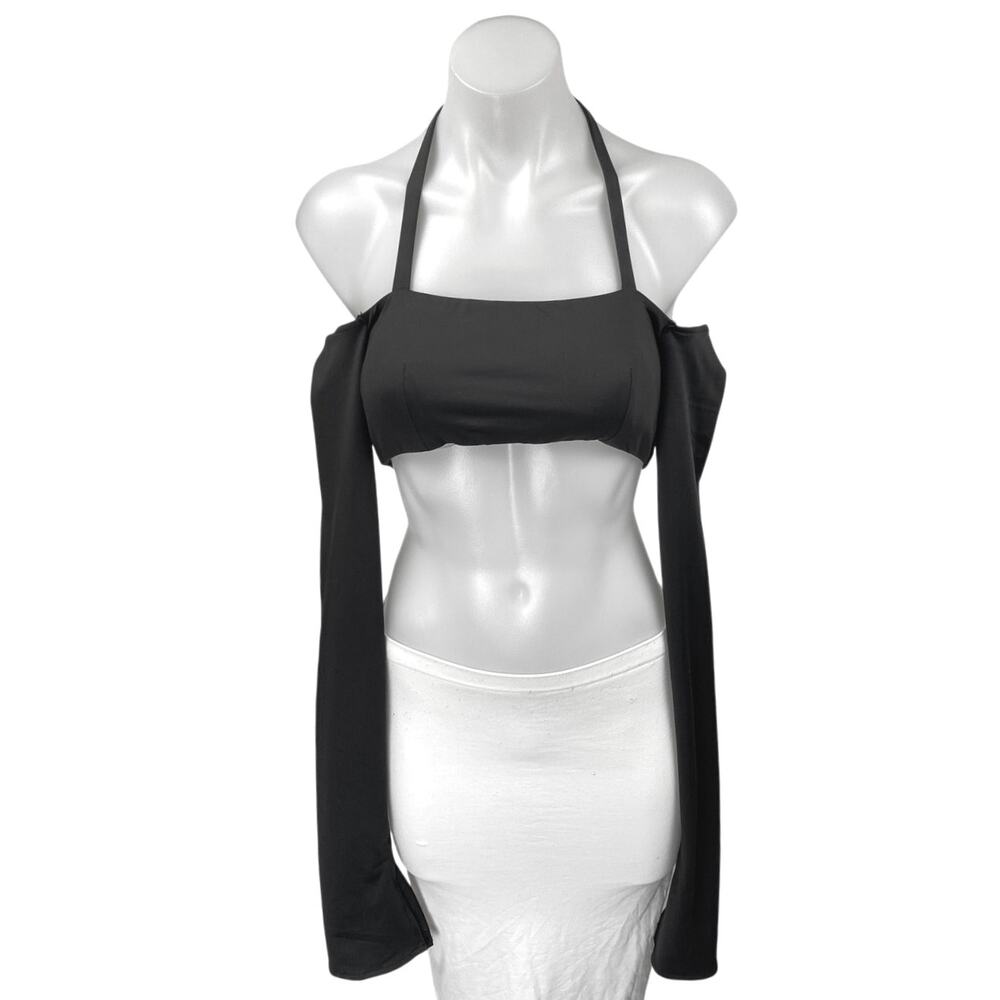 Edikted Women's Black Halter Tie Long Cold Shoulder Backless Cropped Top Size S